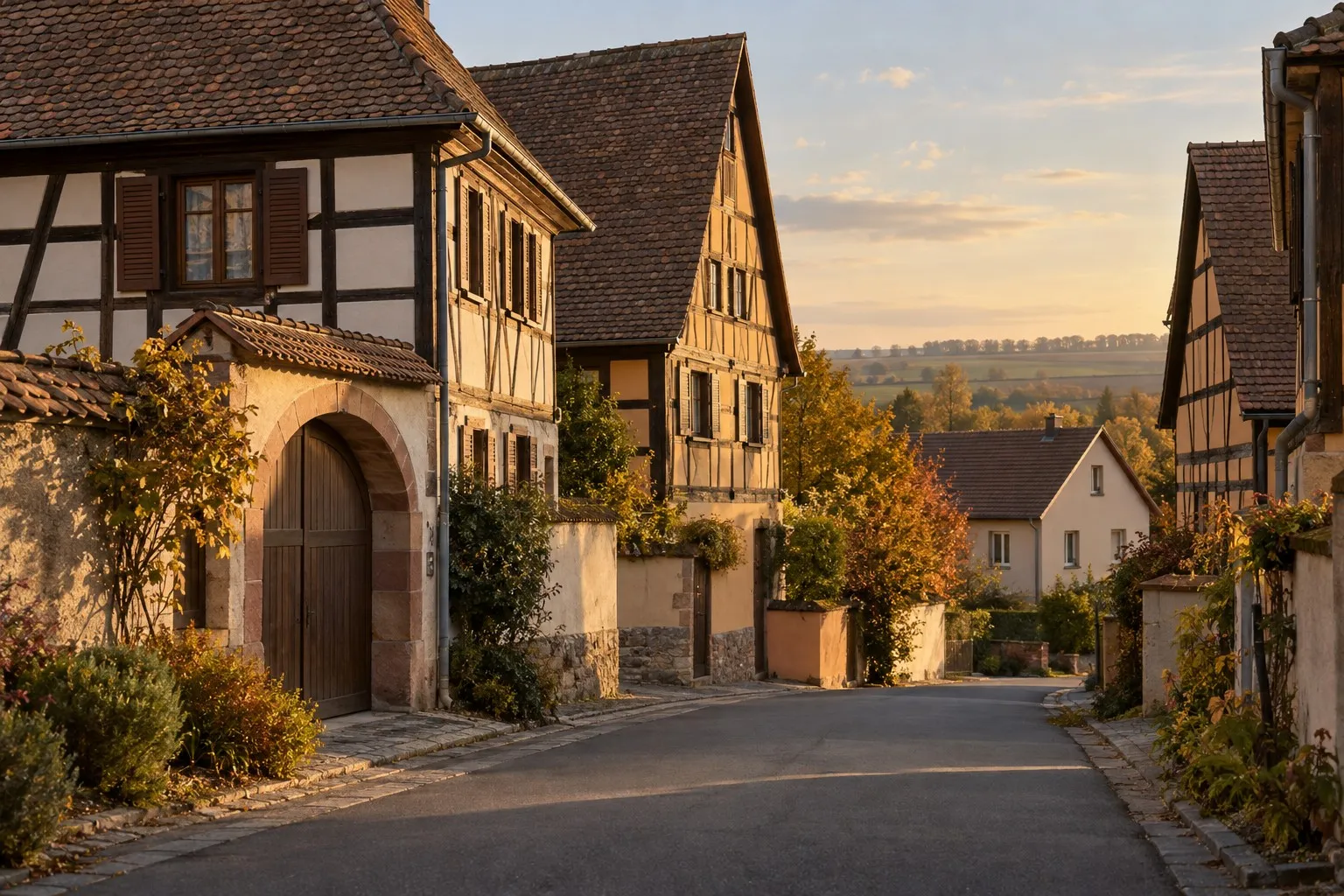 Rue d’un village du Bas-Rhin : maisons à colombages et cour fermée à portail cintré
