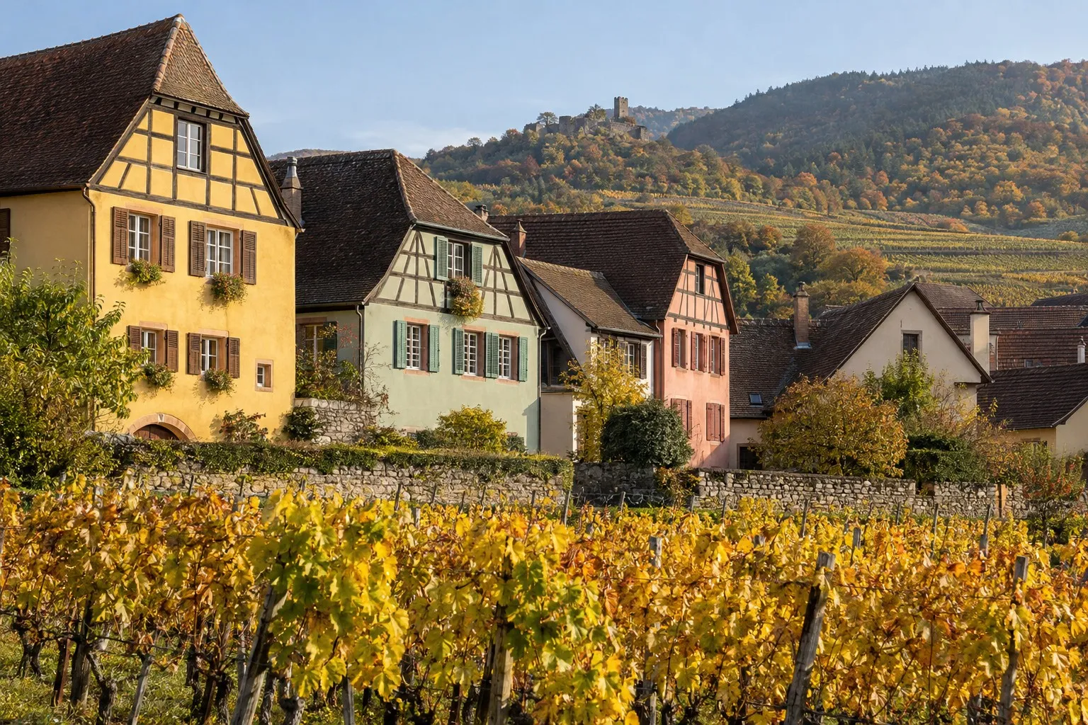 Village viticole du Haut-Rhin, maisons colorées à colombages au-dessus des vignes