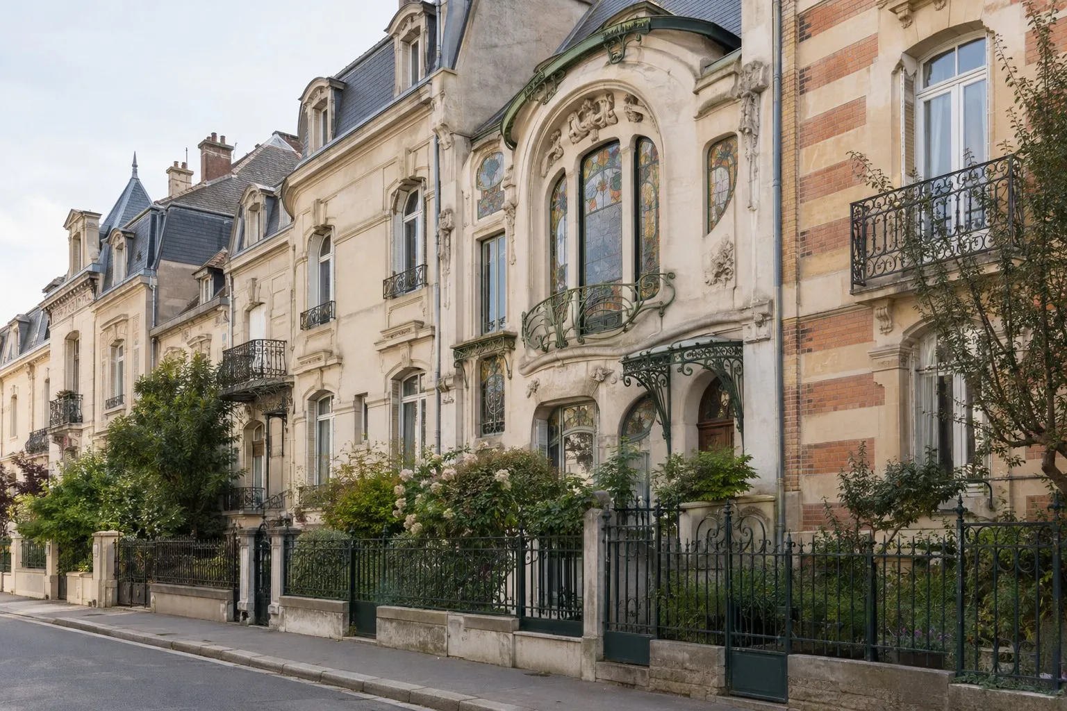 Maisons de ville de Nancy en pierre claire, dont une façade Art nouveau