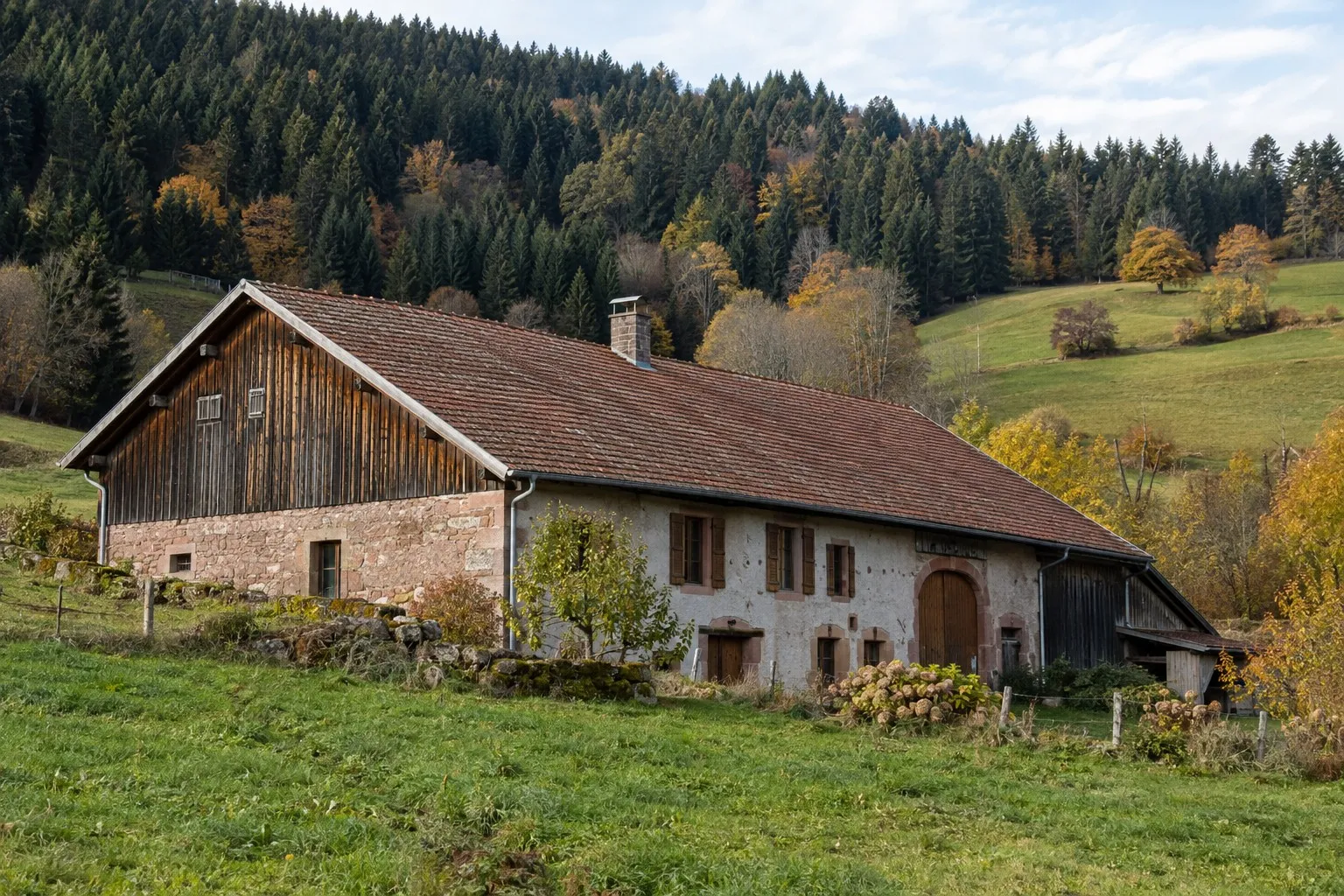 Ferme vosgienne en grès et bois au pied d’une forêt de sapins