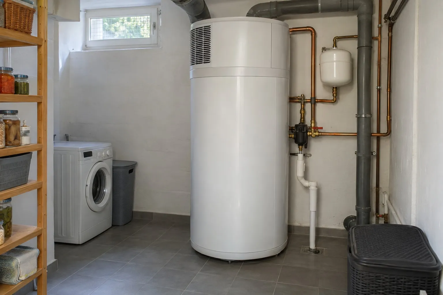 Chauffe-eau thermodynamique installé dans une buanderie au sous-sol