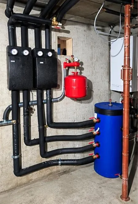 La chaufferie après travaux : deux groupes hydrauliques, vase d’expansion, ballon tampon bleu et canalisations calorifugées