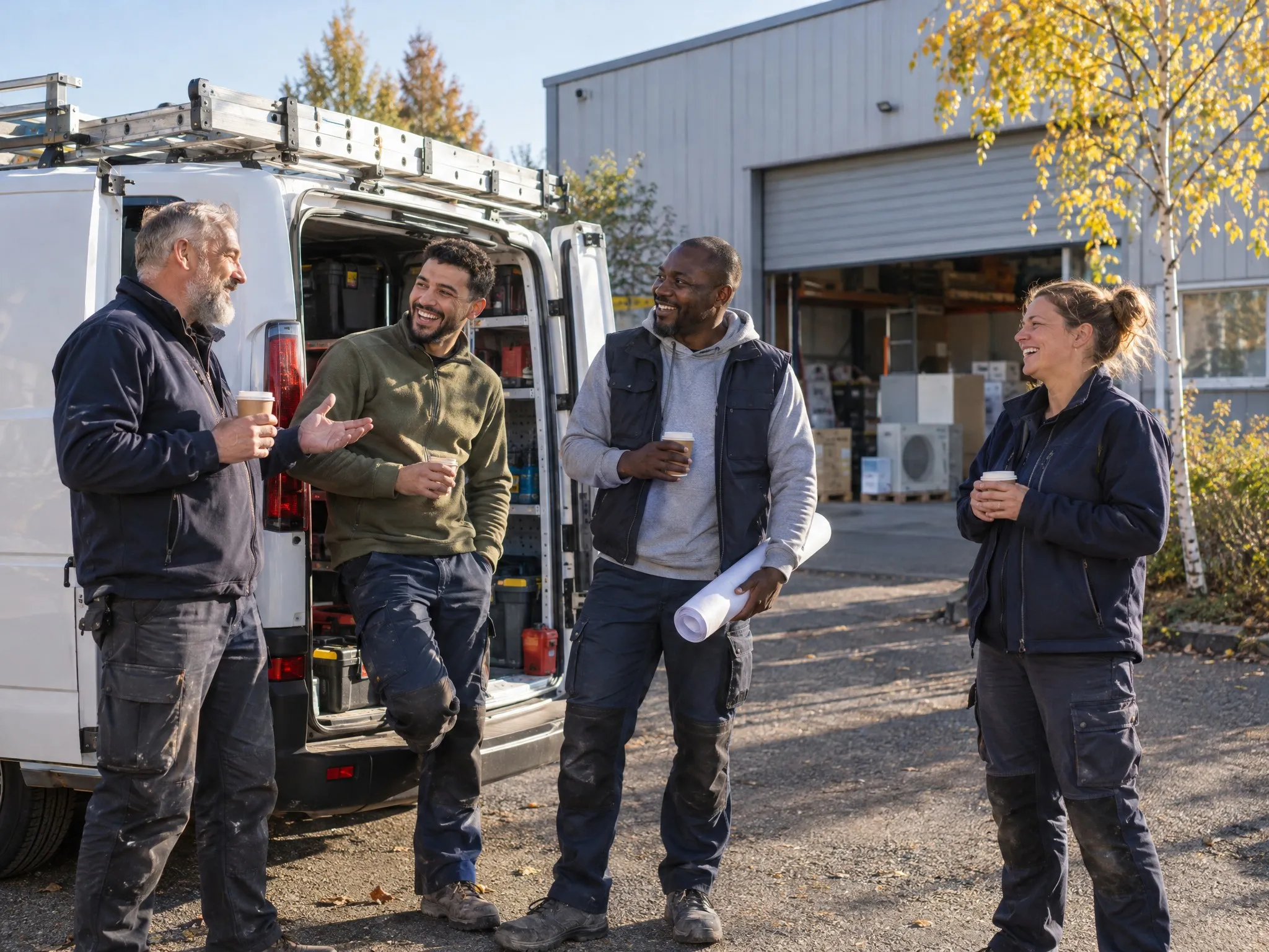 Techniciens en tenue de travail, un café à la main, devant une camionnette d’intervention et un atelier avant de partir sur un chantier
