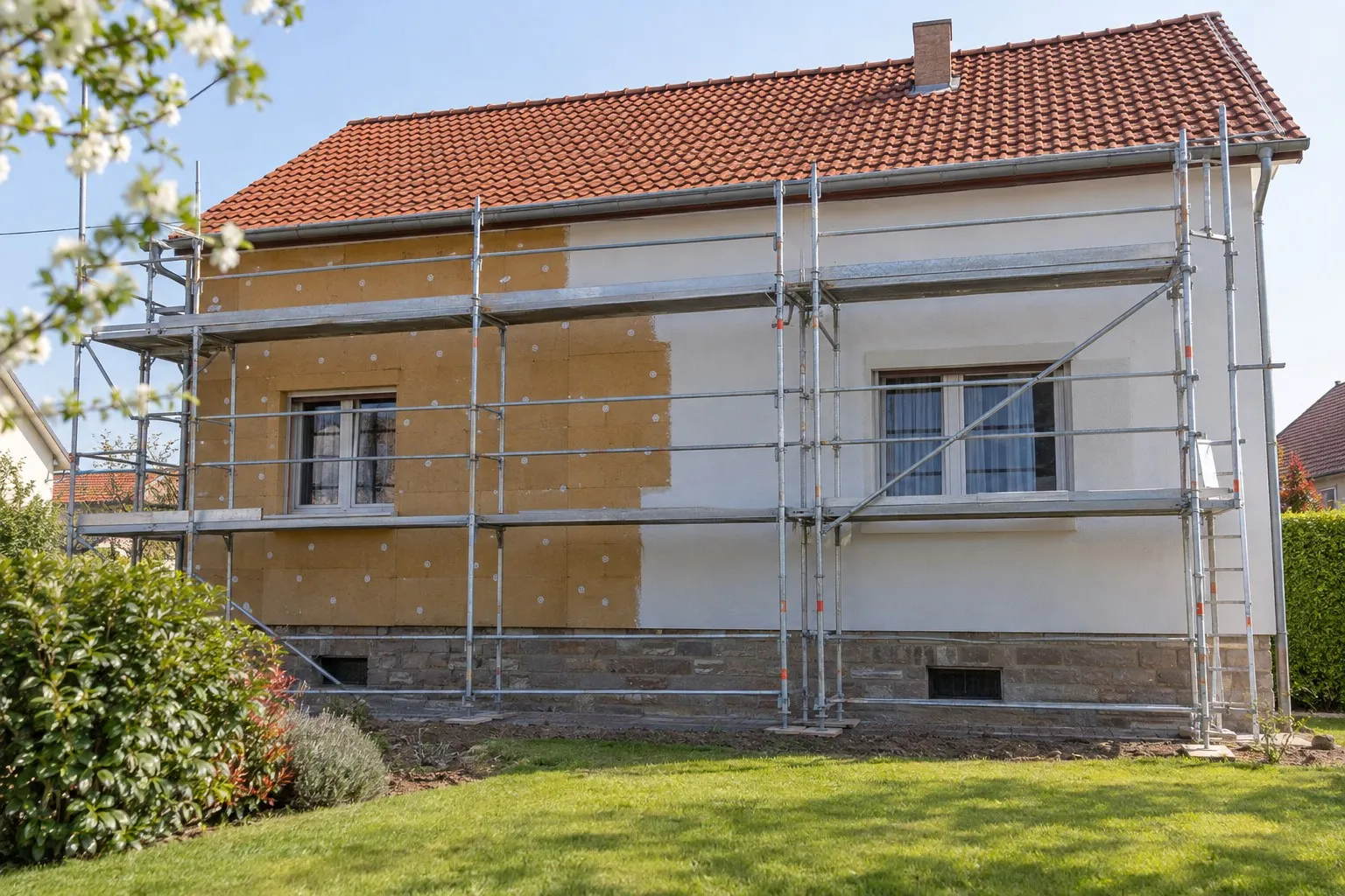 Façade de maison en cours d’isolation par l’extérieur, panneaux de fibre de bois et sous-enduit, échafaudage