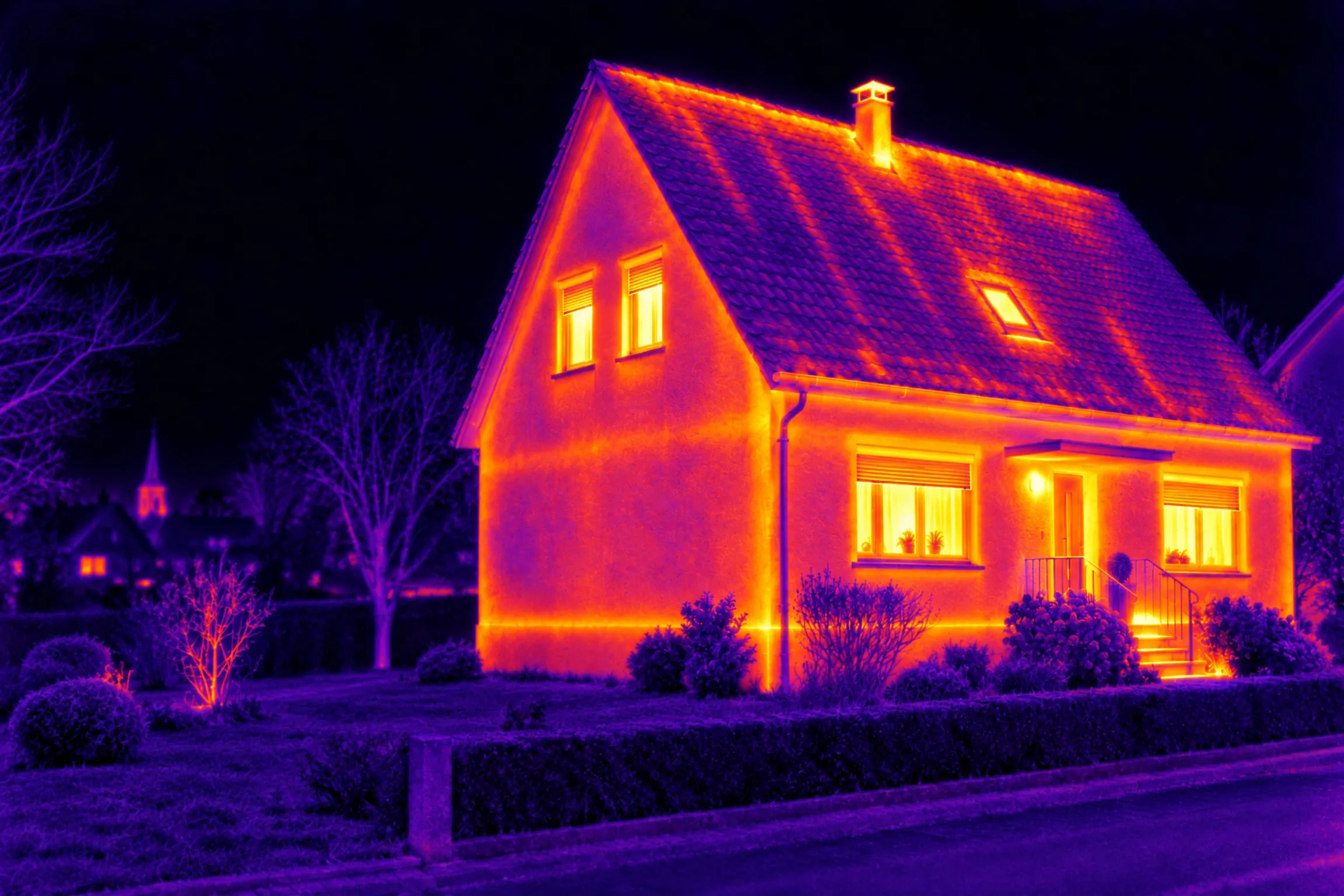 La même maison vue à la caméra thermique : la chaleur s’échappe par le toit, les murs, les fenêtres et le conduit