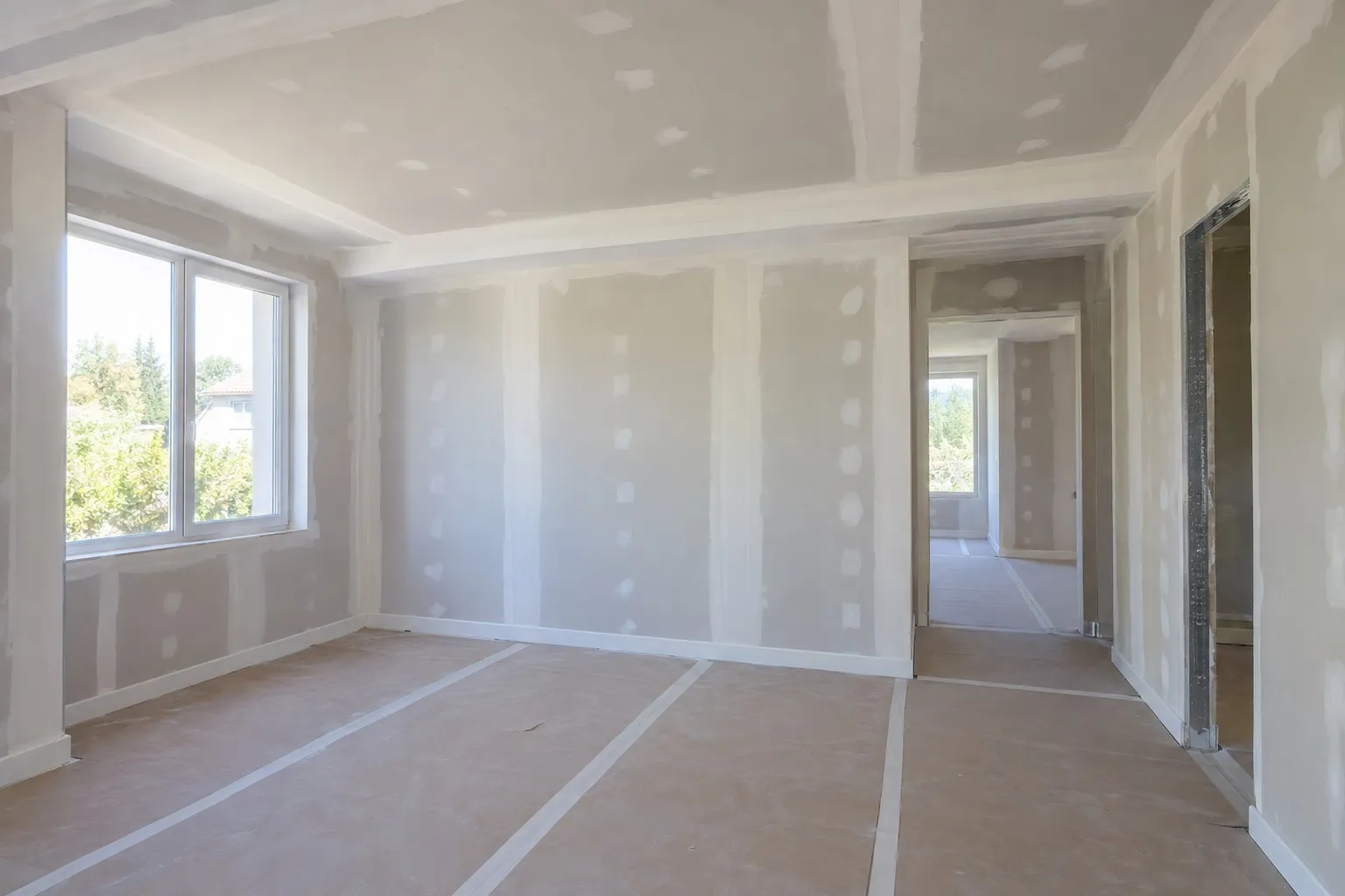 Pièce en rénovation avec cloisons et faux plafond en plaques de plâtre jointoyées