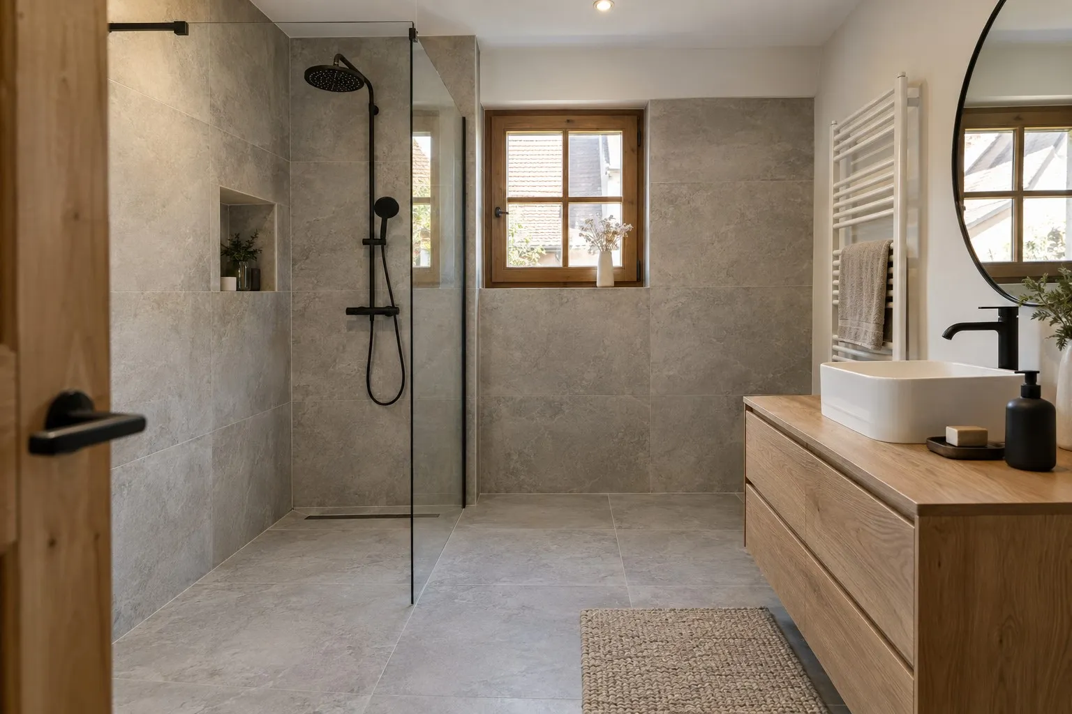 Salle de bain rénovée avec douche à l’italienne, carrelage gris clair et meuble en chêne