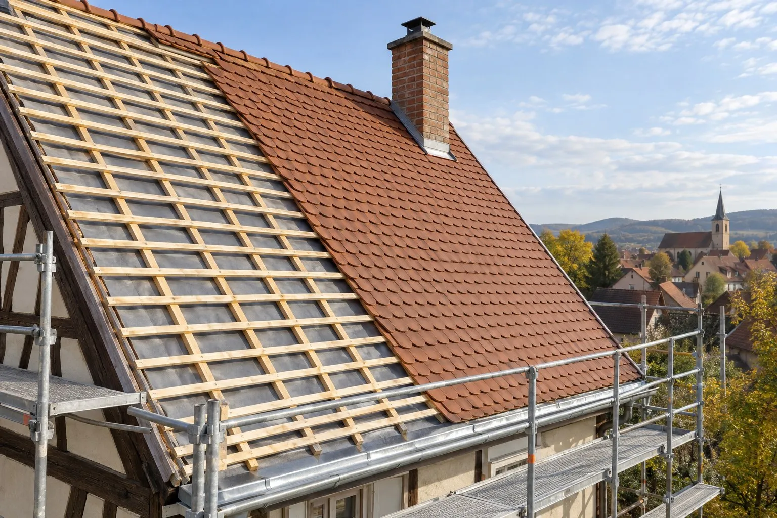 Toit alsacien en rénovation : tuiles plates en écailles reposées d’un côté, liteaux neufs sur écran de sous-toiture de l’autre, échafaudage à l’égout
