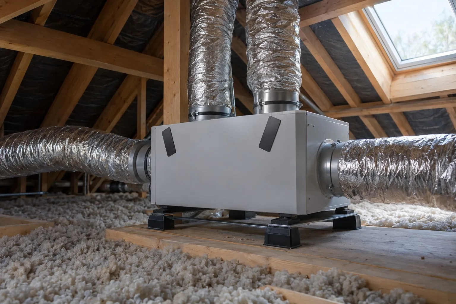 Caisson de VMC double flux et ses gaines isolées dans les combles